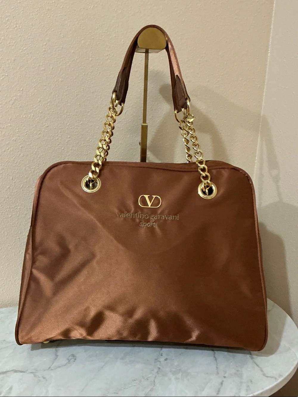 Valentino Garavani Brown Satin Shoulder Bag With Gold Chain Handles (COA) Inc.